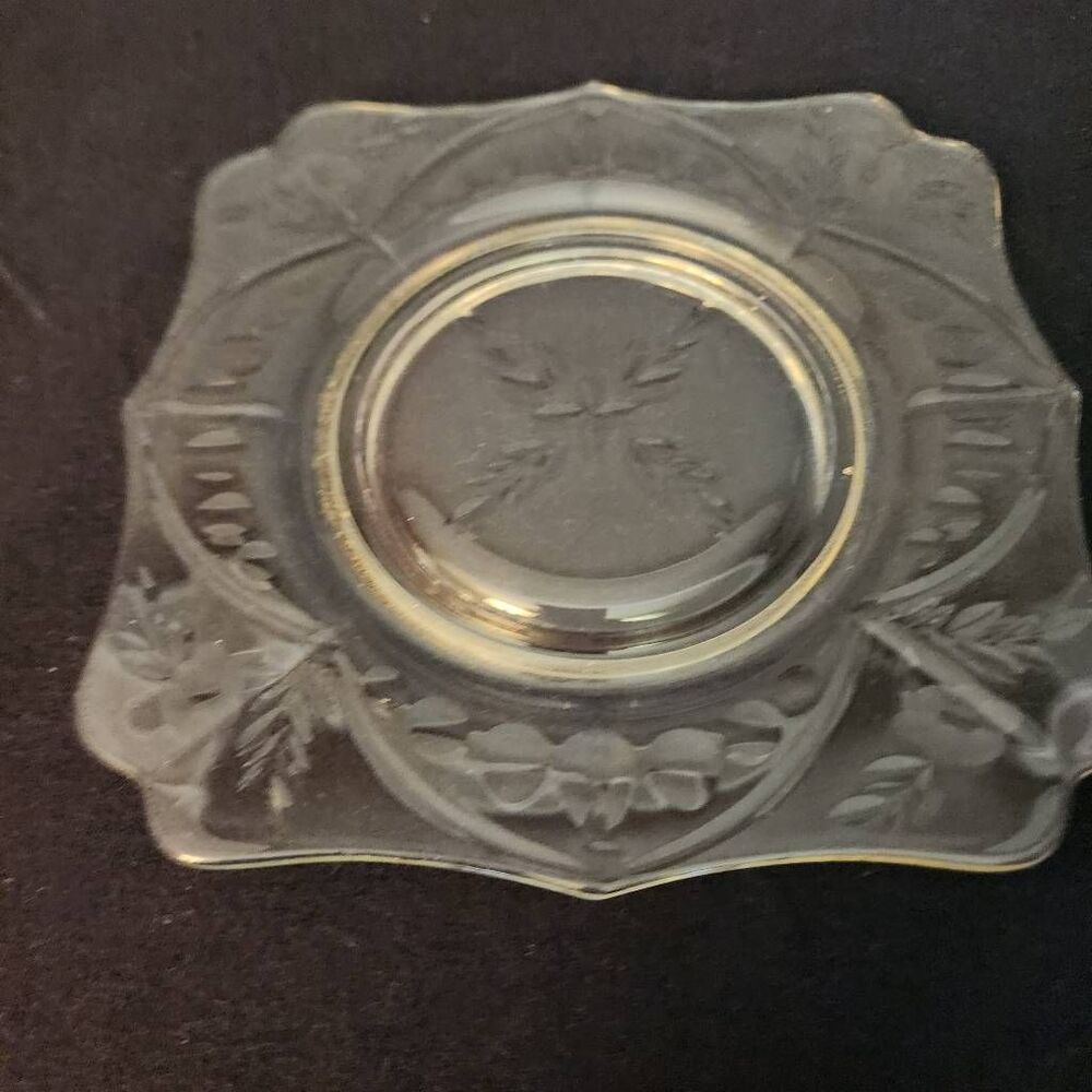 Vintage Etched Glasss Scalloped Edge Square Dessert or Salad Plate 7.25"
